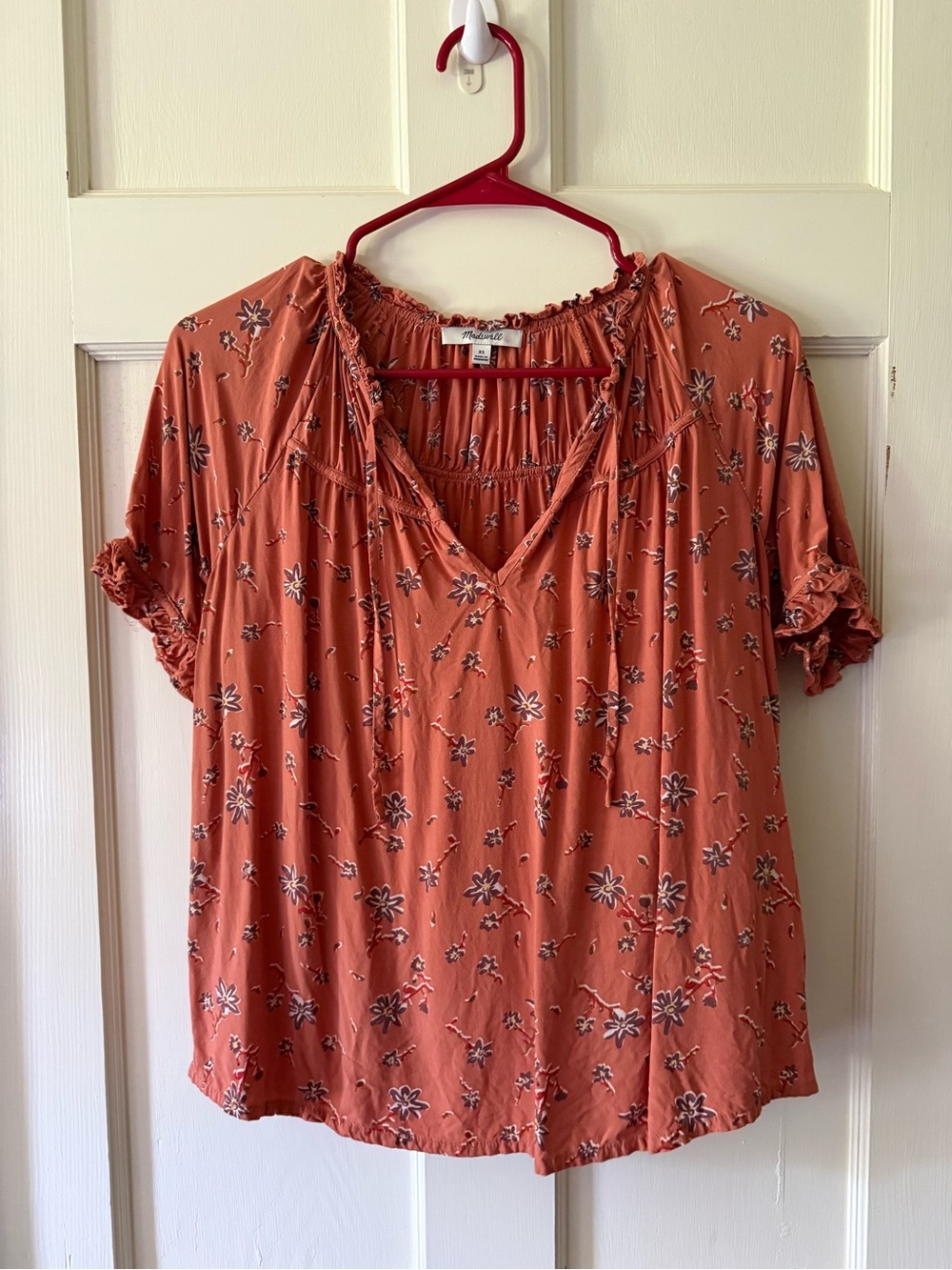 Madewell Rust Floral Tie-Neck Peasant Blouse